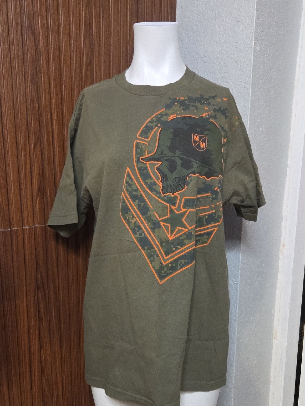 Metal Mulisha Olive Green Short Sleeve Tee with Orange Graphic Large Sz [1044]